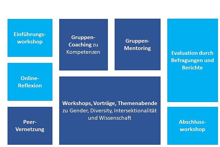 
                Das Bild zeigt die Programmbausteine des Angebots ScienceSisters in hell- und dunkelblauen Kästchen. Die Bausteine sind (von links nach rechts, oben nach unten):  Einführungsworkshop; Gruppen-Coaching zu Kompetenzen; Gruppen-Mentoring; Evaluation durch Befragungen und Berichte; Online-Reflexion; Peer-Vernetzung; Workshops, Vorträge, Themenabende zu Gender, Diversity, Intersektionalität und Wissenschaft; Abschlussworkshop.
            
