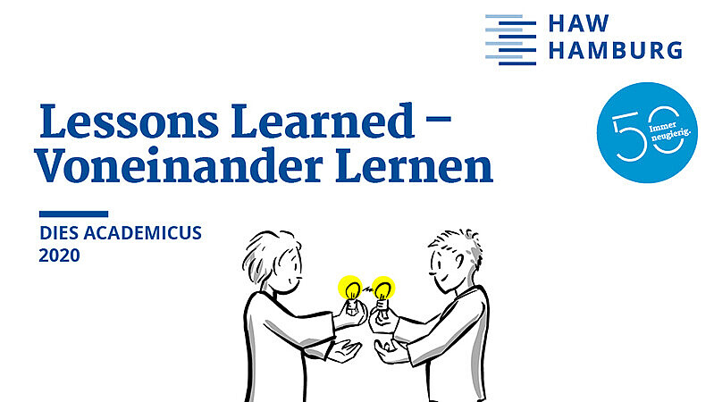 Dies Academicus der HAW Hamburg Logo des Dies Academicus "Lessons Learned" Schriftzug, zwei Menschen stehen sich gegenüber